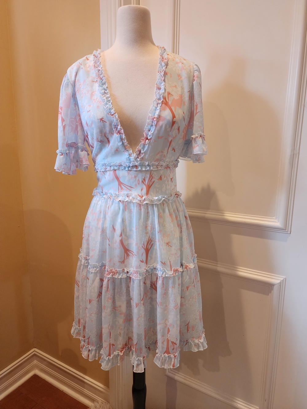 Sky Blue Floral Ruffle Mini Dress with V-Neck